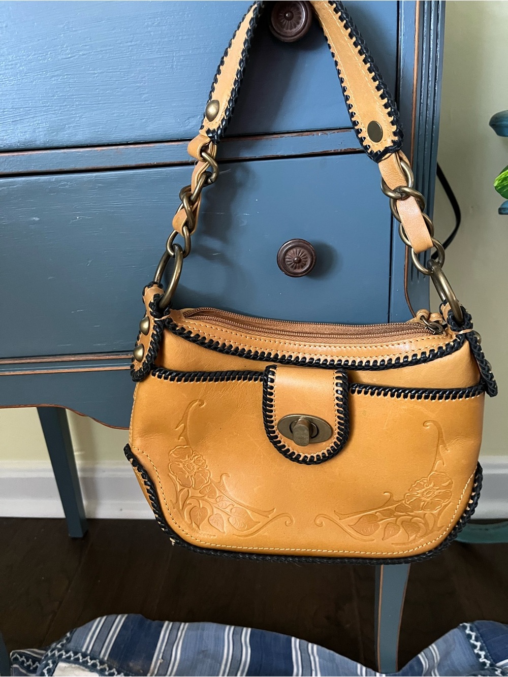 Tan Mini Shoulder Bag with Floral Embossing and Turn-Lock Accent